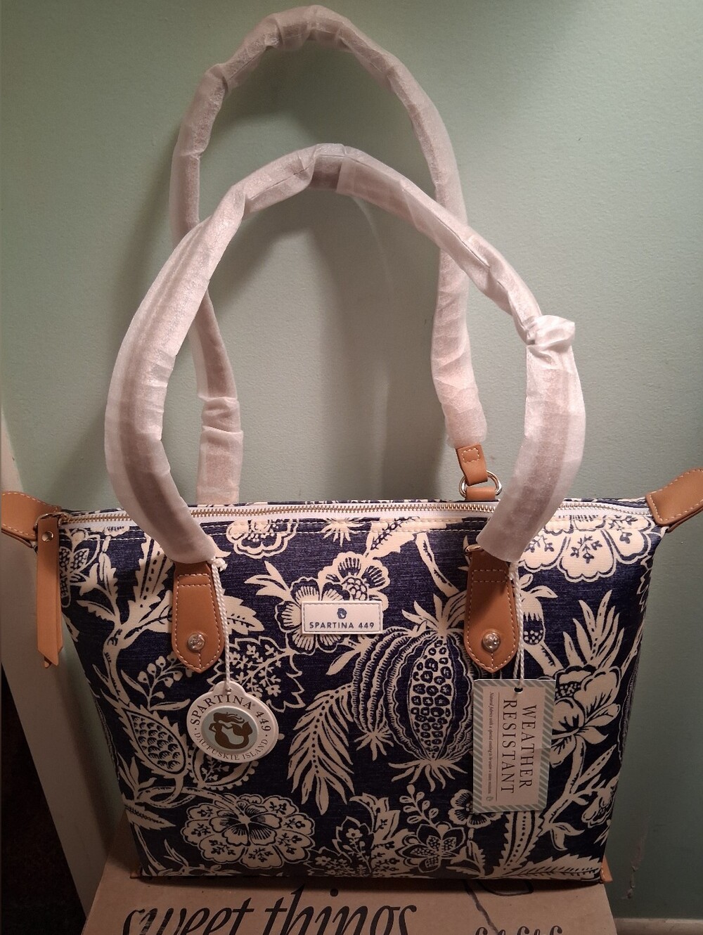 Spartina 449 Navy and Cream Botanical Tote with Tan Handles